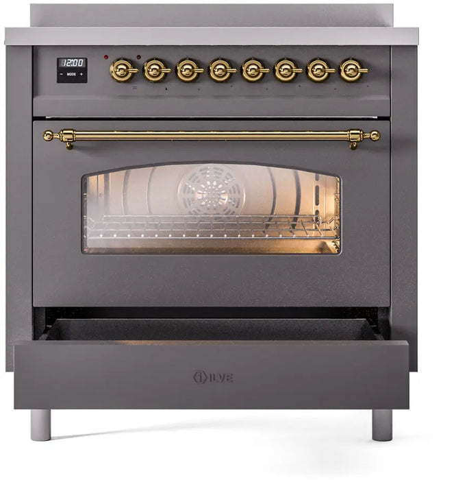 ILVE Nostalgie II 36-Inch Induction Range with 6 Elements, Graphite Matte Brass Trim