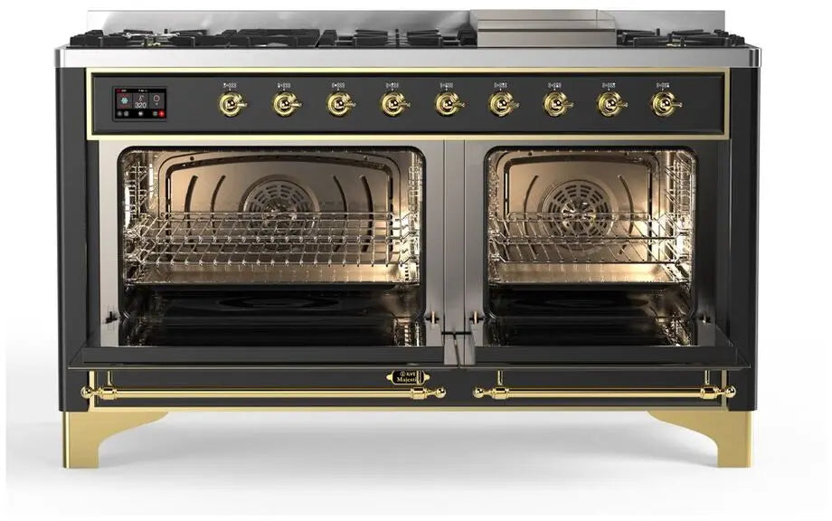 ILVE Majestic II 60-Inch Dual Fuel Range with 9 Burners and Griddle, Graphite Matte Brass Trim