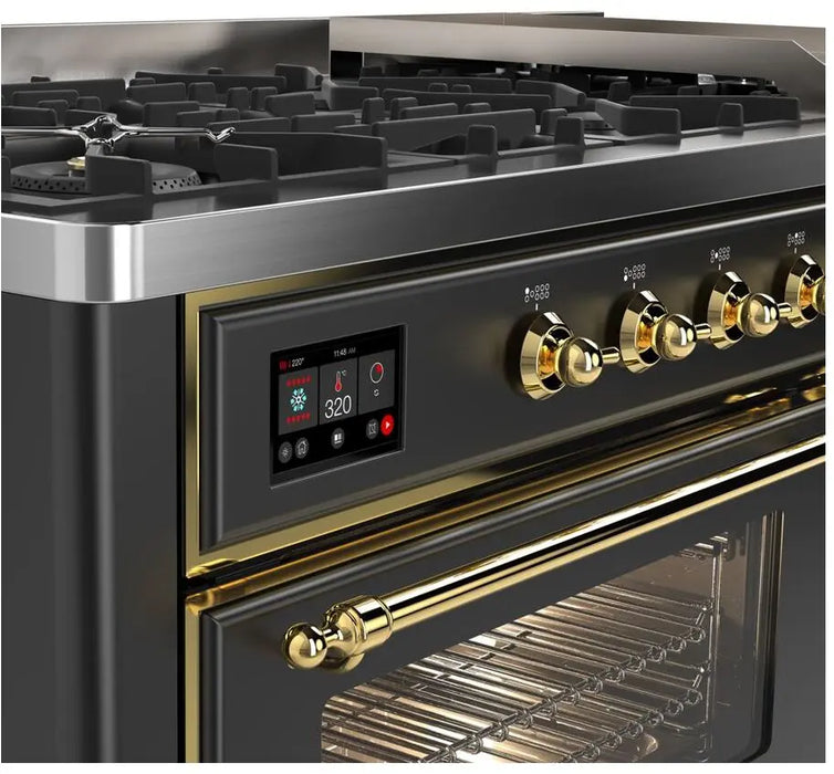 ILVE Majestic II 60-Inch Dual Fuel Range with 9 Burners and Griddle, Graphite Matte Brass Trim