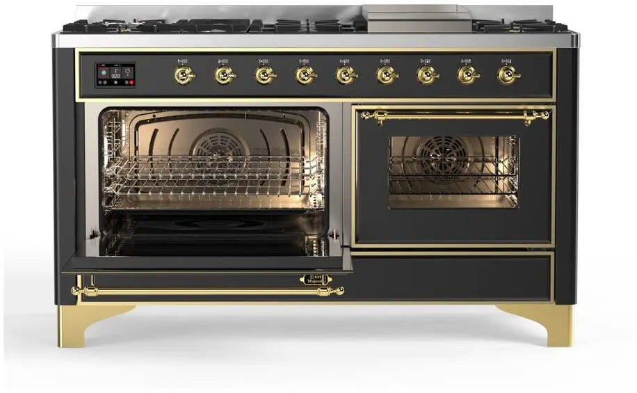 ILVE Majestic II 60-Inch Dual Fuel Range with 9 Burners and Griddle, Graphite Matte Brass Trim