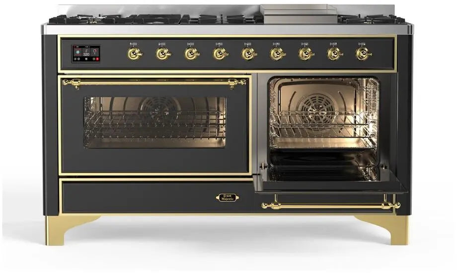 ILVE Majestic II 60-Inch Dual Fuel Range with 9 Burners and Griddle, Graphite Matte Brass Trim