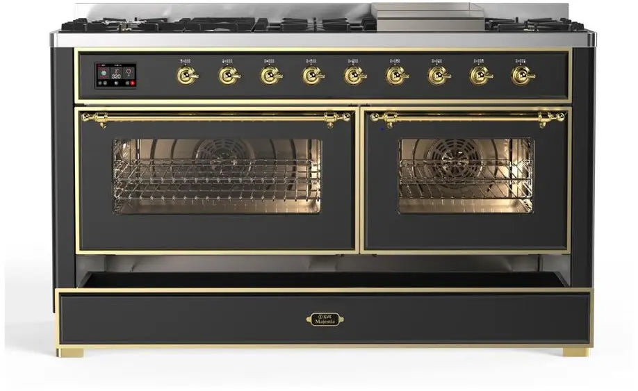 ILVE Majestic II 60-Inch Dual Fuel Range with 9 Burners and Griddle, Graphite Matte Brass Trim