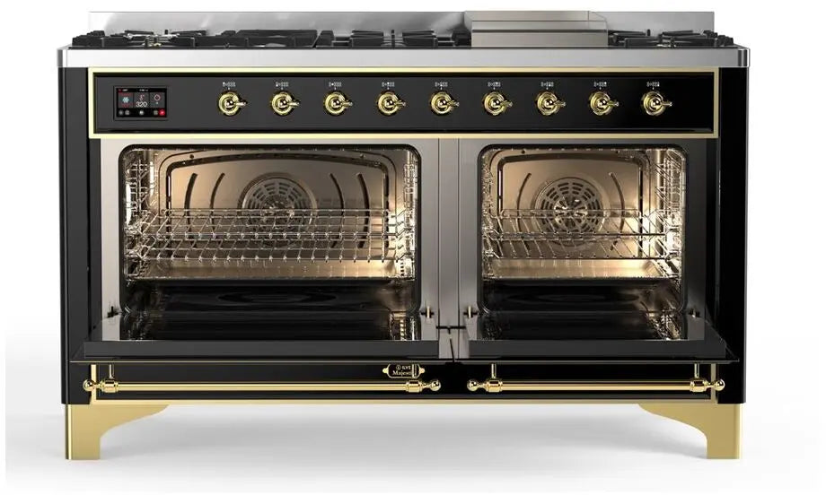 ILVE Majestic II 60-Inch Dual Fuel Range with 9 Burners and Griddle, Glossy Black Brass Trim