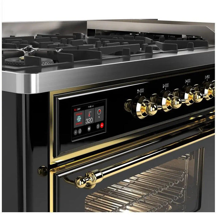 ILVE Majestic II 60-Inch Dual Fuel Range with 9 Burners and Griddle, Glossy Black Brass Trim
