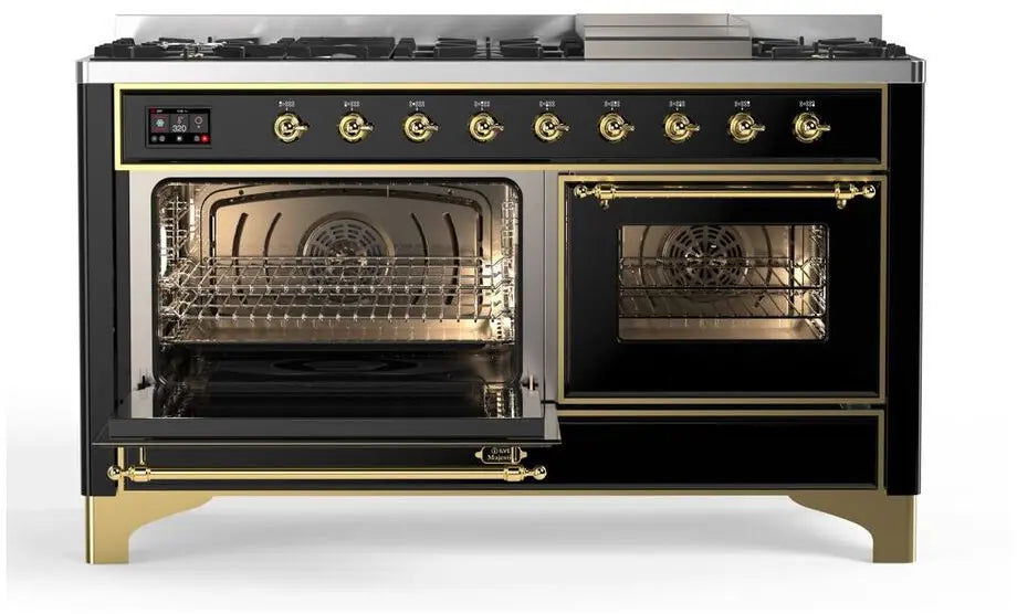 ILVE Majestic II 60-Inch Dual Fuel Range with 9 Burners and Griddle, Glossy Black Brass Trim