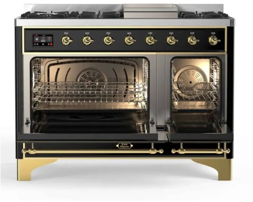 ILVE Majestic II 48-Inch Dual Fuel Range with 8 Burners and Griddle, Glossy Black Brass Trim