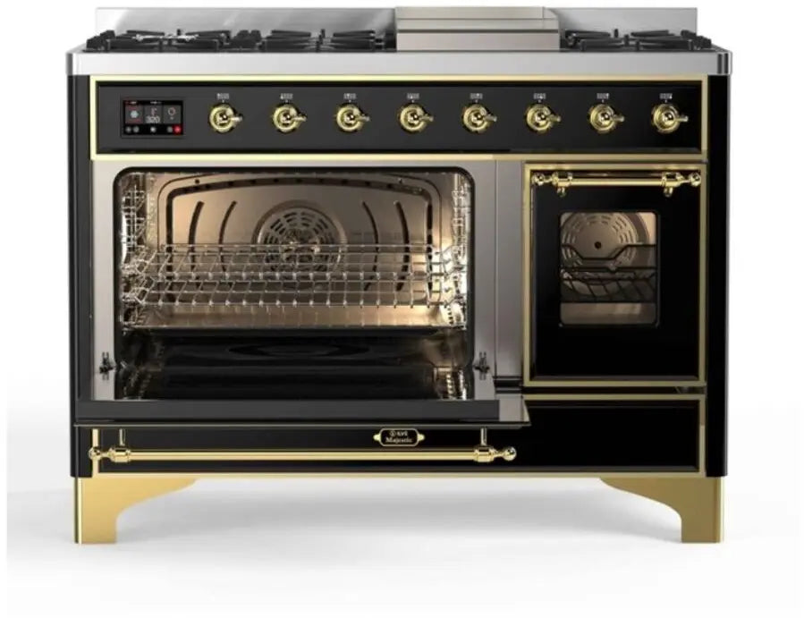 ILVE Majestic II 48-Inch Dual Fuel Range with 8 Burners and Griddle, Glossy Black Brass Trim