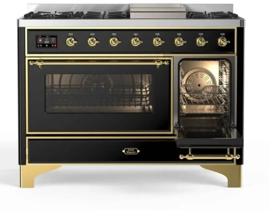 ILVE Majestic II 48-Inch Dual Fuel Range with 8 Burners and Griddle, Glossy Black Brass Trim
