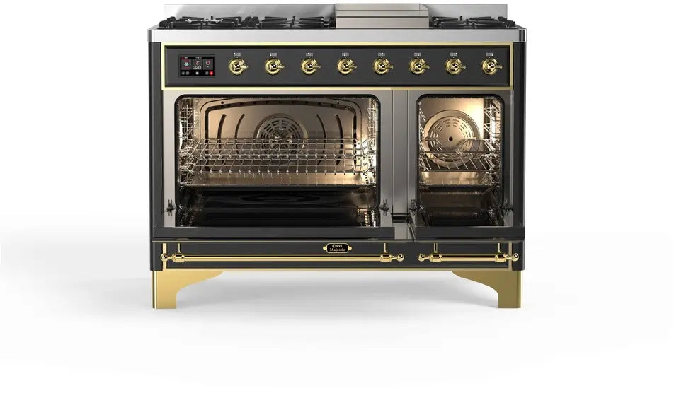 ILVE Majestic II 48-Inch Dual Fuel Range with 8 Burners and Griddle, Graphite Matte Brass Trim