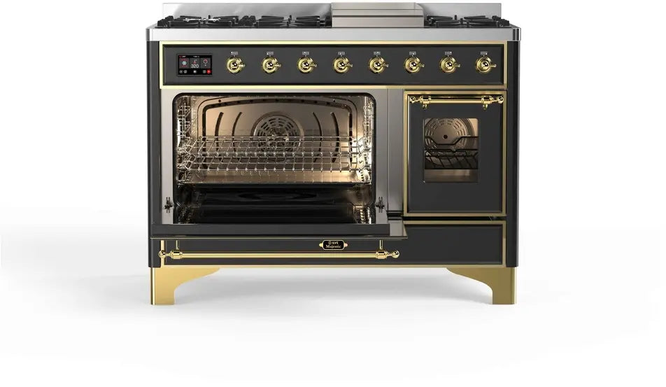 ILVE Majestic II 48-Inch Dual Fuel Range with 8 Burners and Griddle, Graphite Matte Brass Trim