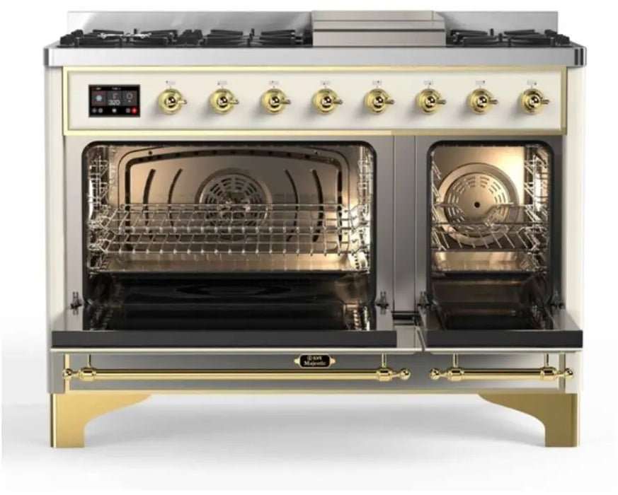 ILVE Majestic II 48-Inch Dual Fuel Range with 8 Burners and Griddle, Antique White Brass Trim