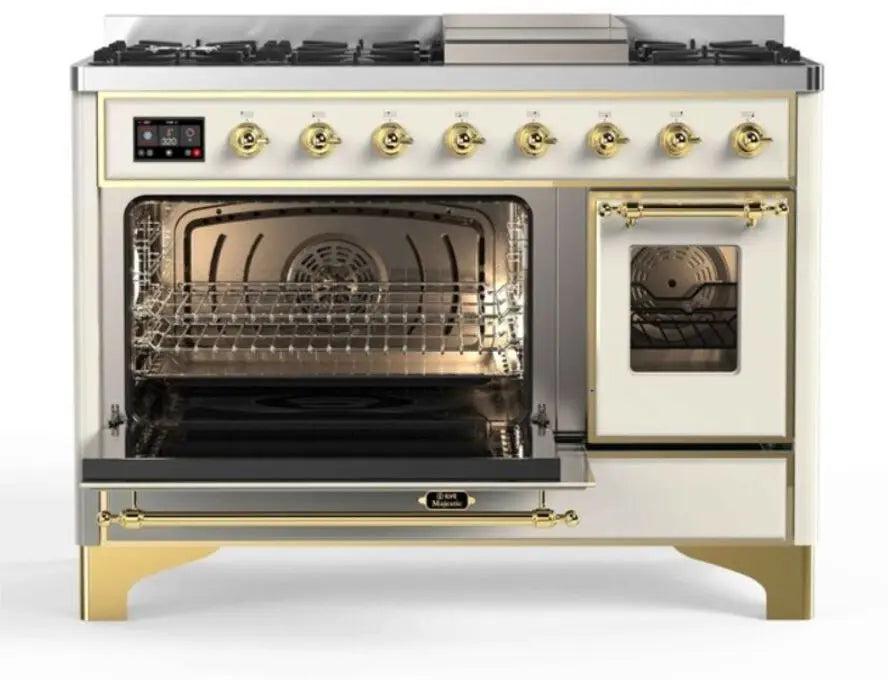 ILVE Majestic II 48-Inch Dual Fuel Range with 8 Burners and Griddle, Antique White Brass Trim