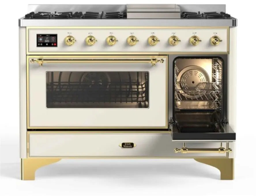 ILVE Majestic II 48-Inch Dual Fuel Range with 8 Burners and Griddle, Antique White Brass Trim