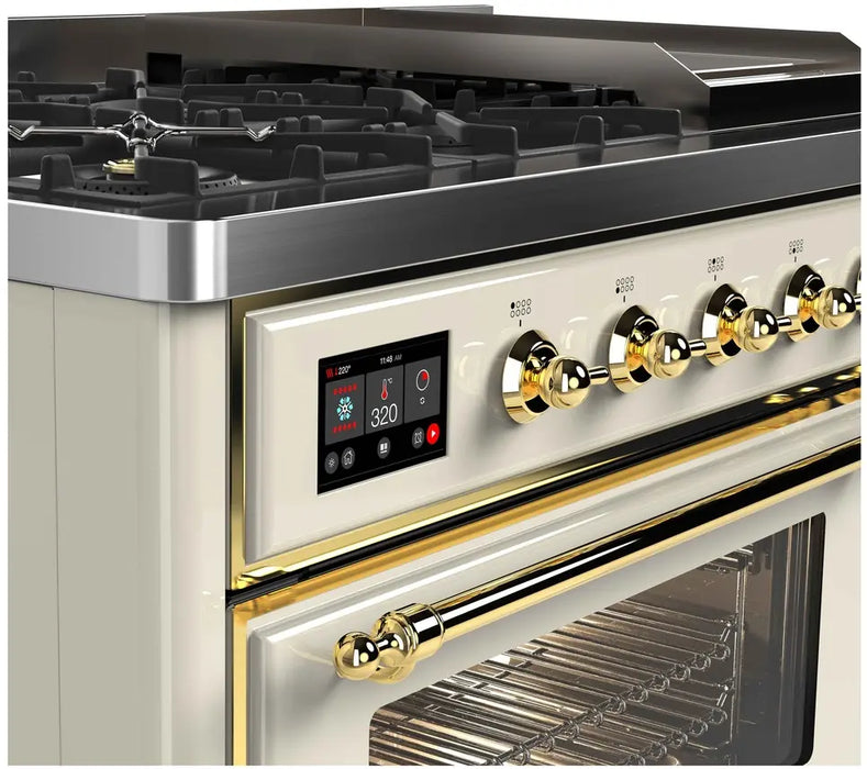 ILVE Majestic II 48-Inch Dual Fuel Range with 8 Burners and Griddle, Antique White Brass Trim