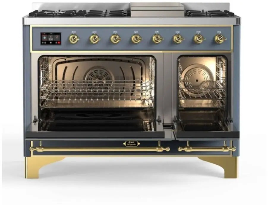 ILVE Majestic II 48-Inch Dual Fuel Range with 8 Burners and Griddle, Blue Grey Brass Trim