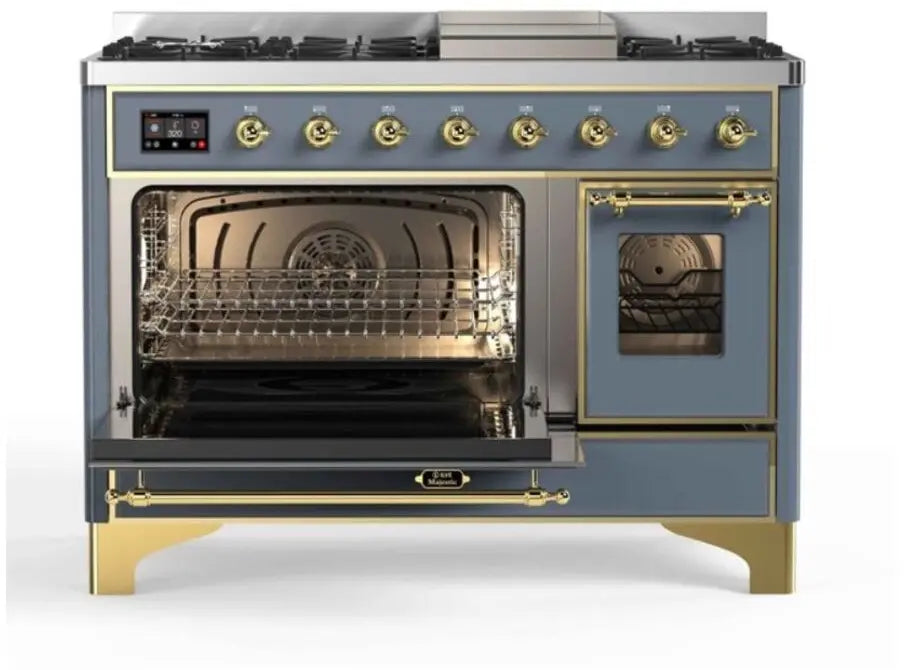 ILVE Majestic II 48-Inch Dual Fuel Range with 8 Burners and Griddle, Blue Grey Brass Trim