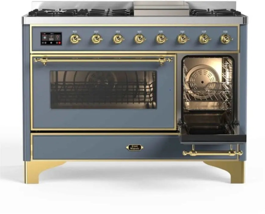 ILVE Majestic II 48-Inch Dual Fuel Range with 8 Burners and Griddle, Blue Grey Brass Trim