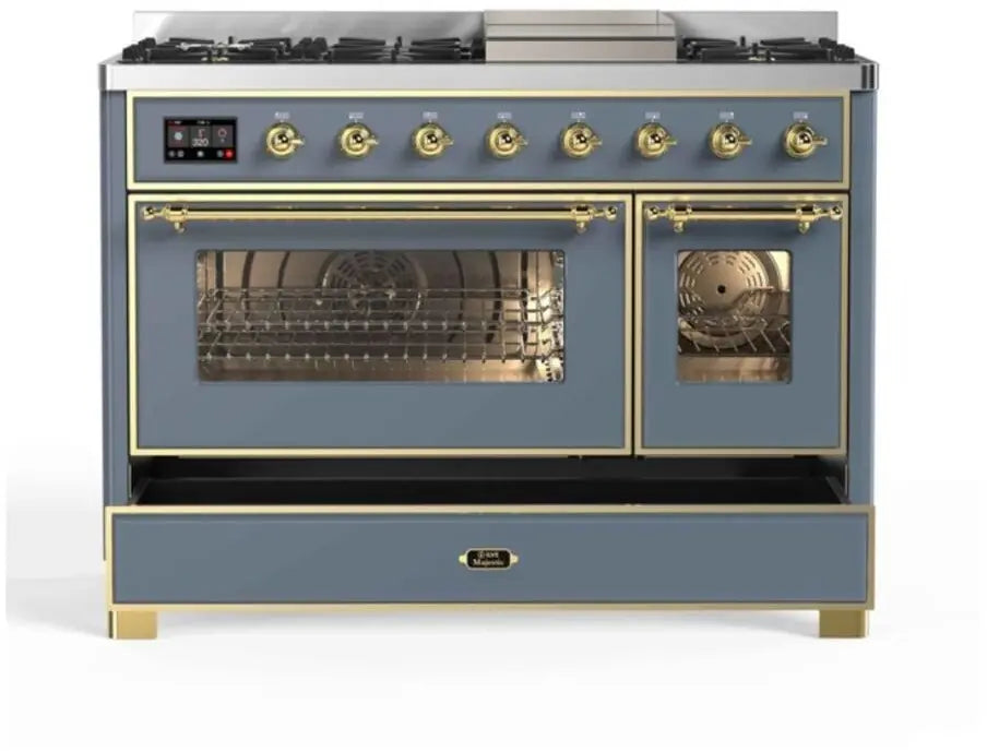 ILVE Majestic II 48-Inch Dual Fuel Range with 8 Burners and Griddle, Blue Grey Brass Trim