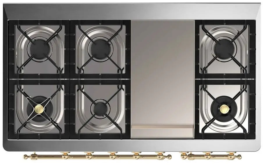 ILVE Majestic II 48-Inch Dual Fuel Range with 8 Burners and Griddle, Blue Grey Brass Trim