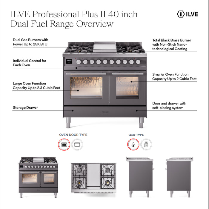 ILVE Professional Plus II 40-Inch Dual Fuel Range with 6 Burners and Griddle, Stainless Steel
