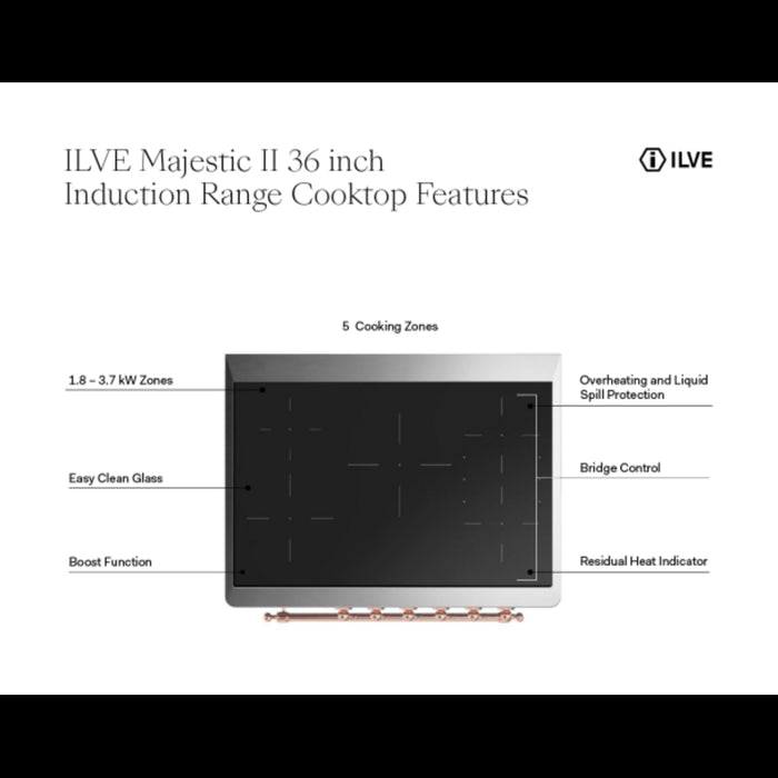 ILVE Majestic II 40-Inch Induction Range with Double Ovens, Stainless Steel Brass Trim