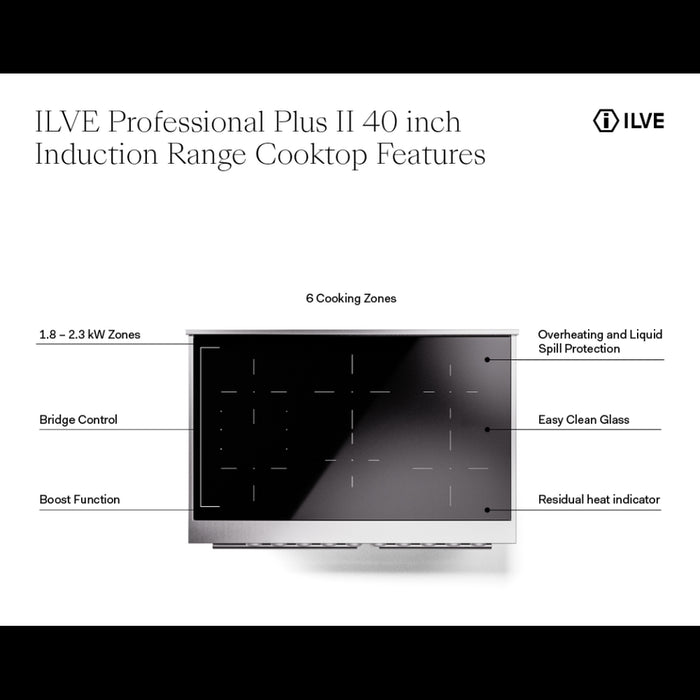 ILVE Professional Plus II 40-Inch Induction Range with Double Ovens, Stainless Steel Satin Trim