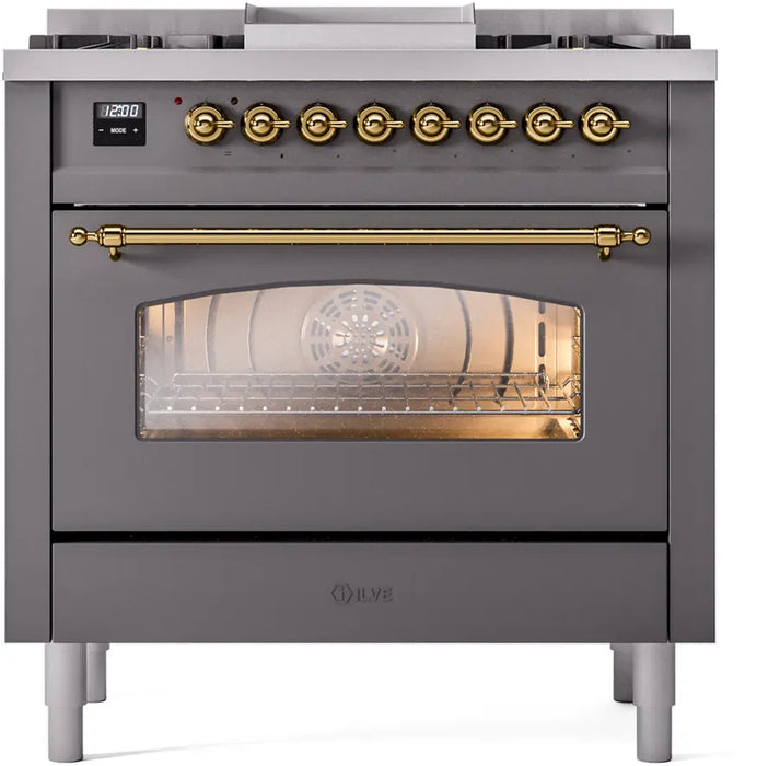 ILVE Nostalgie II 36-Inch Dual Fuel Range with 6 Burners and Griddle, Graphite Matte Brass Trim