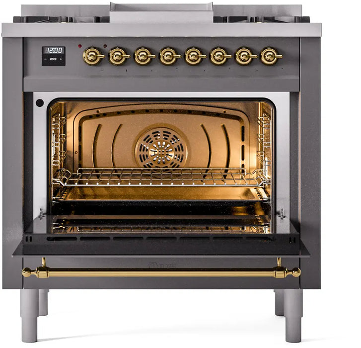 ILVE Nostalgie II 36-Inch Dual Fuel Range with 6 Burners and Griddle, Graphite Matte Brass Trim