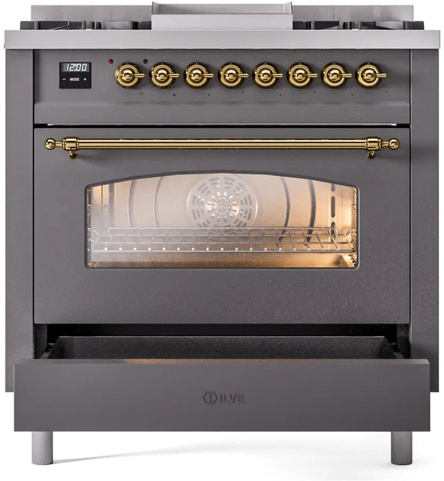 ILVE Nostalgie II 36-Inch Dual Fuel Range with 6 Burners and Griddle, Graphite Matte Brass Trim