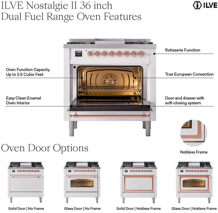 ILVE Nostalgie II 36-Inch Dual Fuel Range with 6 Burners and Griddle, Stainless Steel Brass Trim