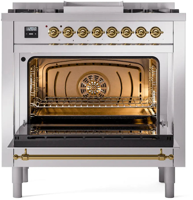 ILVE Nostalgie II 36-Inch Dual Fuel Range with 6 Burners and Griddle, Stainless Steel Brass Trim