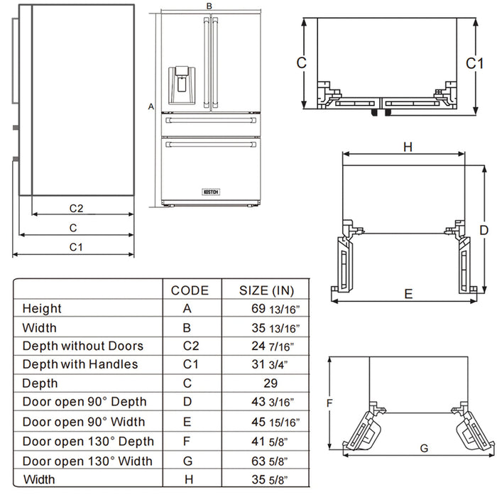 Kostch KOS-36RFD07T-SG 36" Counter-Depth 21.6 cu. ft. 4-Door French Door Refrigerator with Ice & Water Dispenser – Stainless Steel with Bronze Accents