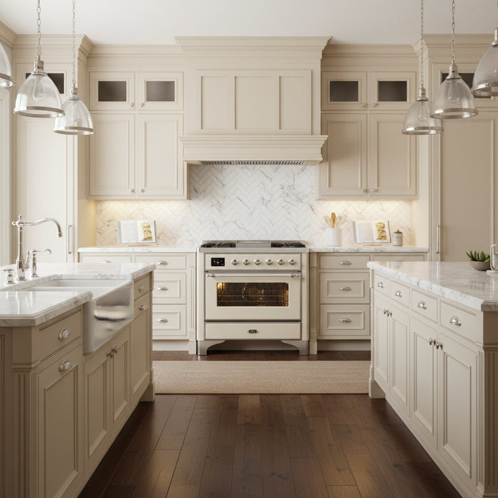 Ilve UM09FDNS3AWC Majestic II 36 Inch Freestanding Dual Fuel Range Cooker with 6 Brass Burners, Griddle, Electric Oven, and Antique White Finish