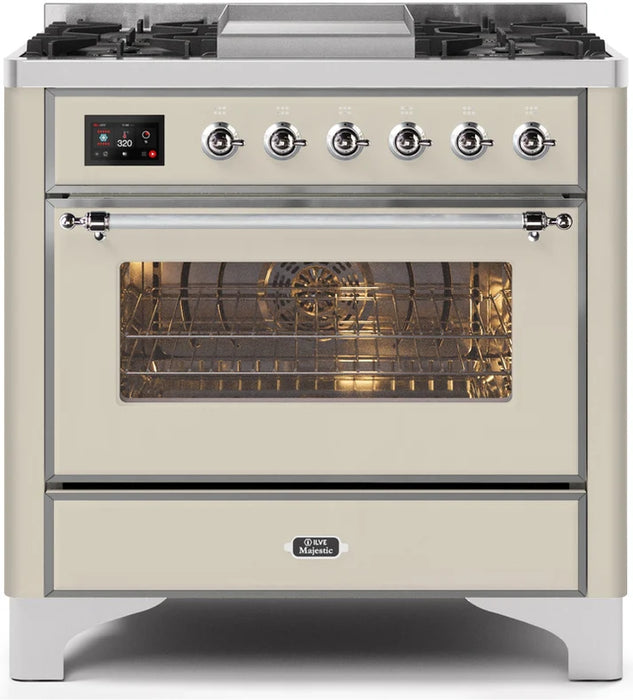 Ilve UM09FDNS3AWC Majestic II 36 Inch Freestanding Dual Fuel Range Cooker with 6 Brass Burners, Griddle, Electric Oven, and Antique White Finish