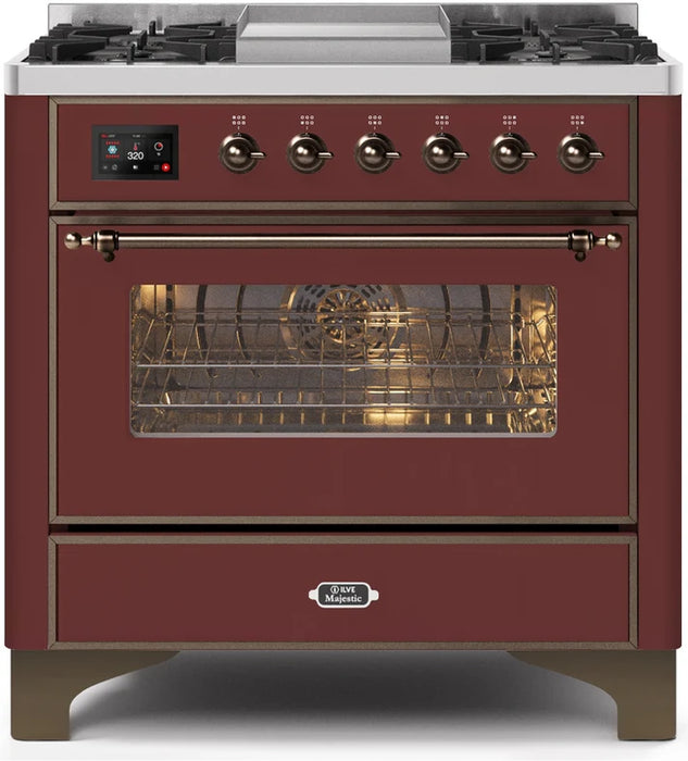 Ilve UM09FDNS3BUB Majestic II 36-Inch Freestanding Dual Fuel Range – 6 Brass Burners, Griddle, Convection Oven, Burgundy with Burnished Trim