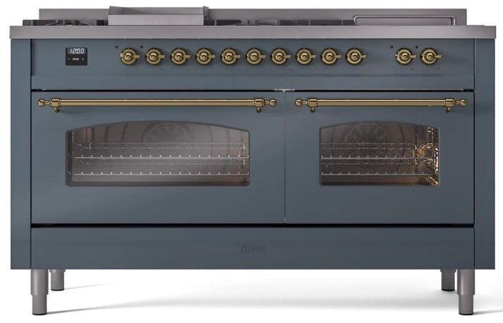 Ilve UP60FNMPBGG 60 in Nostalgie II Dual Fuel Range, 9 Burners, Griddle, Double Oven, Blue Grey, Brass