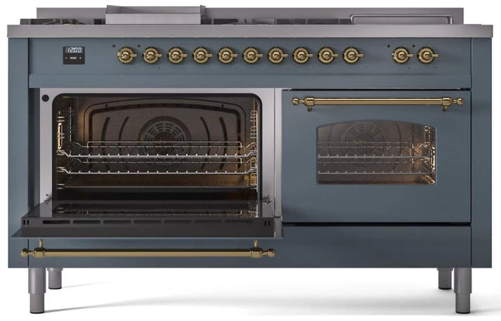 Ilve UP60FNMPBGG 60 in Nostalgie II Dual Fuel Range, 9 Burners, Griddle, Double Oven, Blue Grey, Brass