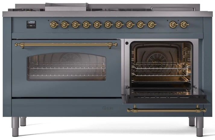 Ilve UP60FNMPBGG 60 in Nostalgie II Dual Fuel Range, 9 Burners, Griddle, Double Oven, Blue Grey, Brass