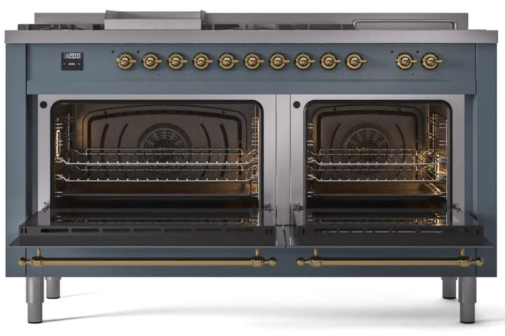 Ilve UP60FNMPBGG 60 in Nostalgie II Dual Fuel Range, 9 Burners, Griddle, Double Oven, Blue Grey, Brass