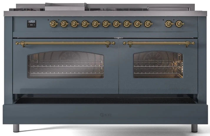 Ilve UP60FNMPBGG 60 in Nostalgie II Dual Fuel Range, 9 Burners, Griddle, Double Oven, Blue Grey, Brass