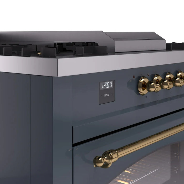 Ilve UP60FNMPBGG 60 in Nostalgie II Dual Fuel Range, 9 Burners, Griddle, Double Oven, Blue Grey, Brass