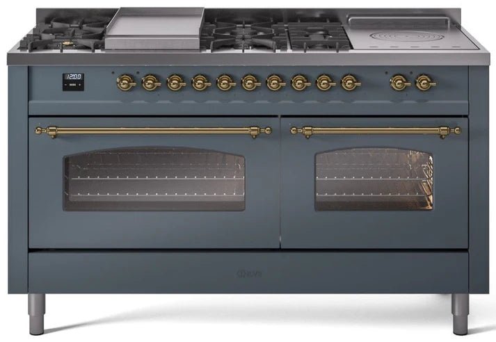 Ilve UP60FNMPBGG 60 in Nostalgie II Dual Fuel Range, 9 Burners, Griddle, Double Oven, Blue Grey, Brass