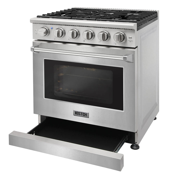 Kostch KOS-30RG03M-S 30" Freestanding Gas Range with 5 Burners, 4.55 cu. ft. Convection Oven – Stainless Steel, LP Convertible