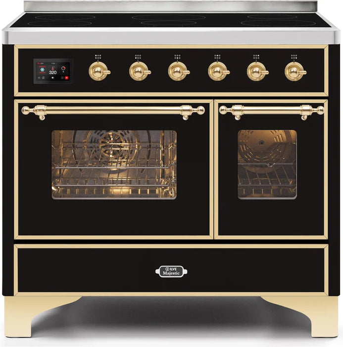 Ilve UMDI10NS3BKG 40 in Majestic II Induction Range, 6 Elements, Double Oven, Glossy Black, Brass