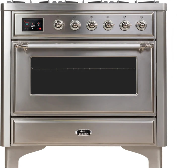 Ilve Majestic II 36" Dual Fuel Range UM09FDNS3SSC Stainless Steel with 6 Burners & Griddle