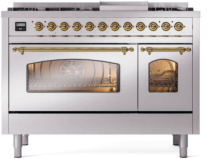 Ilve UP48FNMPSSGLP 48 in Nostalgie II Dual Fuel Range, 8 Burners, Griddle, Double Oven, Stainless Steel, Brass, LP Gas