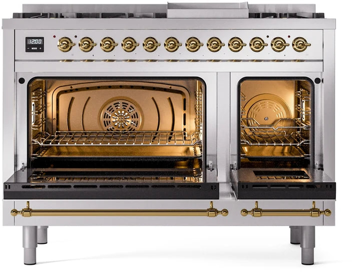 Ilve UP48FNMPSSGLP 48 in Nostalgie II Dual Fuel Range, 8 Burners, Griddle, Double Oven, Stainless Steel, Brass, LP Gas