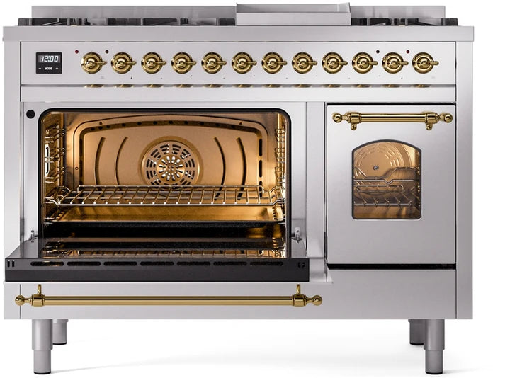 Ilve UP48FNMPSSGLP 48 in Nostalgie II Dual Fuel Range, 8 Burners, Griddle, Double Oven, Stainless Steel, Brass, LP Gas