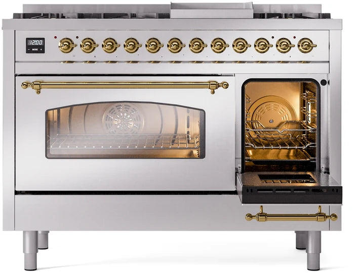 Ilve UP48FNMPSSGLP 48 in Nostalgie II Dual Fuel Range, 8 Burners, Griddle, Double Oven, Stainless Steel, Brass, LP Gas