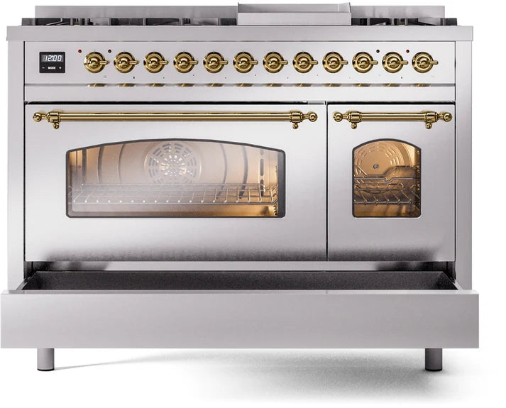 Ilve UP48FNMPSSGLP 48 in Nostalgie II Dual Fuel Range, 8 Burners, Griddle, Double Oven, Stainless Steel, Brass, LP Gas